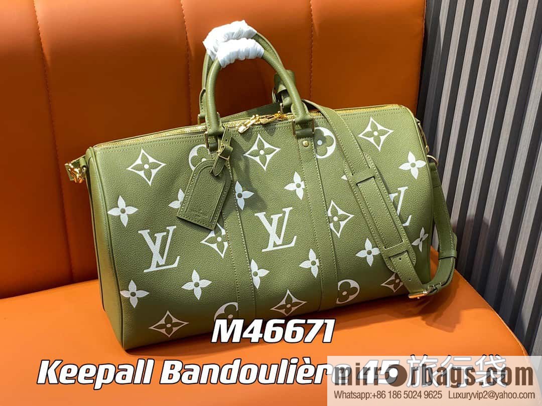 [Original order boutique] M46671 grass green, full leather embossed silk screen printing travel bag series Keepall Bandoulière 45 travel bag M46670 M46671