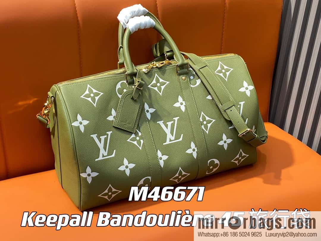 [Original order boutique] M46671 grass green, full leather embossed silk screen printing travel bag series Keepall Bandoulière 45 travel bag M46670 M46671