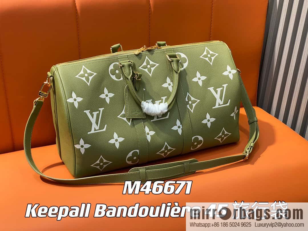 [Original order boutique] M46671 grass green, full leather embossed silk screen printing travel bag series Keepall Bandoulière 45 travel bag M46670 M46671