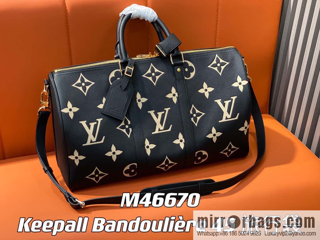 [Original single boutique] M46670 black full leather embossed silk screen printing travel bag series Keepall Bandoulière 45 travel bag M46670 M46671