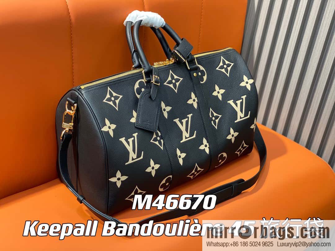 [Original single boutique] M46670 black full leather embossed silk screen printing travel bag series Keepall Bandoulière 45 travel bag M46670 M46671