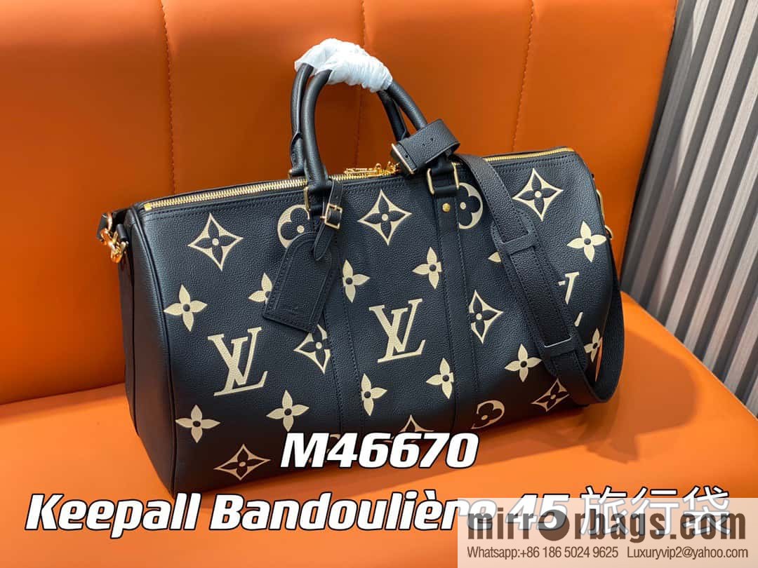 [Original single boutique] M46670 black full leather embossed silk screen printing travel bag series Keepall Bandoulière 45 travel bag M46670 M46671