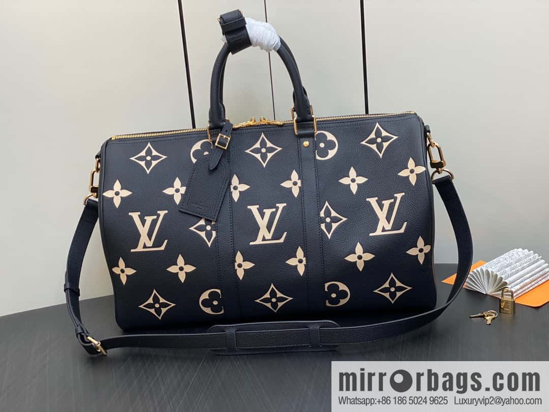 [Original single boutique] M46670 black full leather embossed silk screen printing travel bag series Keepall Bandoulière 45 travel bag M46670 M46671