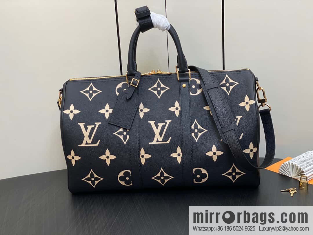[Original single boutique] M46670 black full leather embossed silk screen printing travel bag series Keepall Bandoulière 45 travel bag M46670 M46671