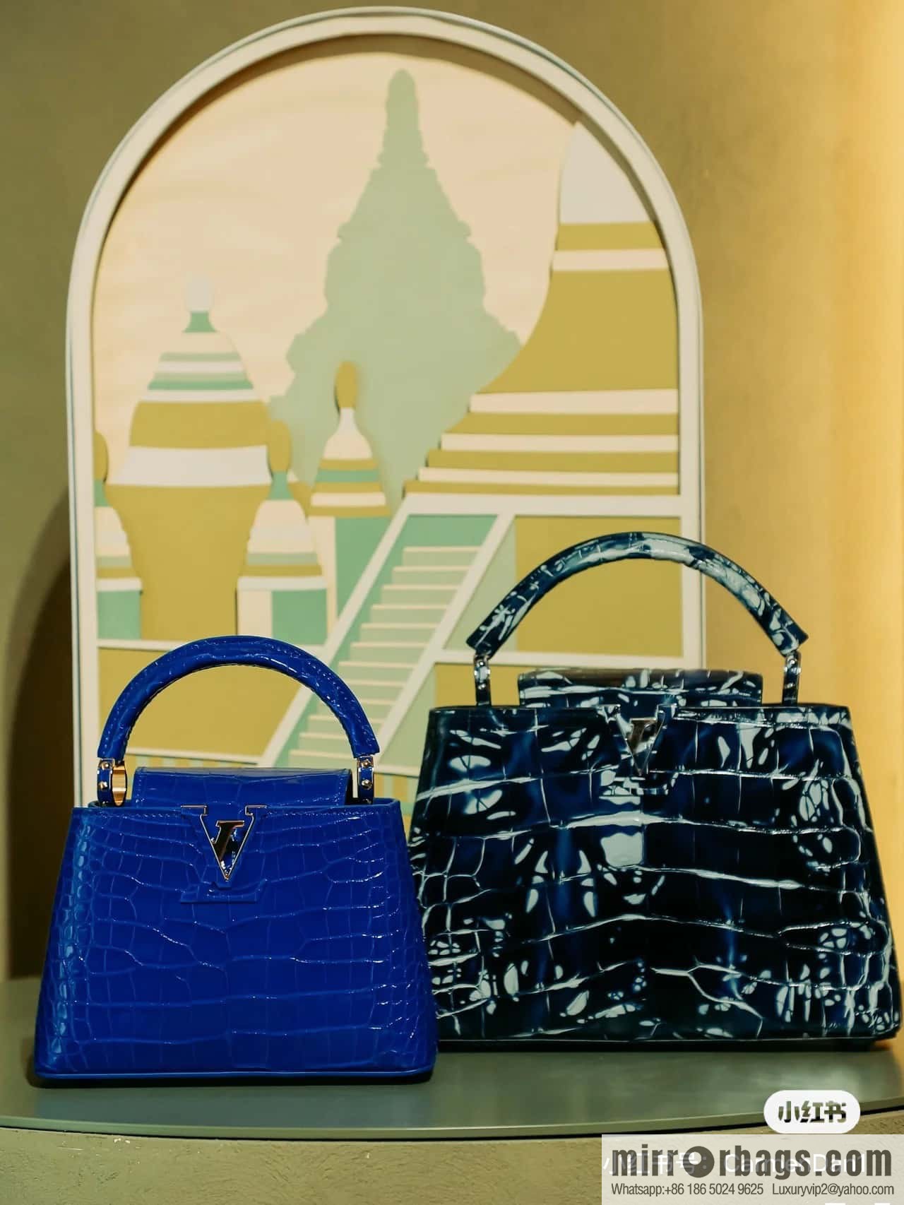 [Original order boutique] M48865 blue, crocodile pattern full leather cap that English series Capucines mini handbag
