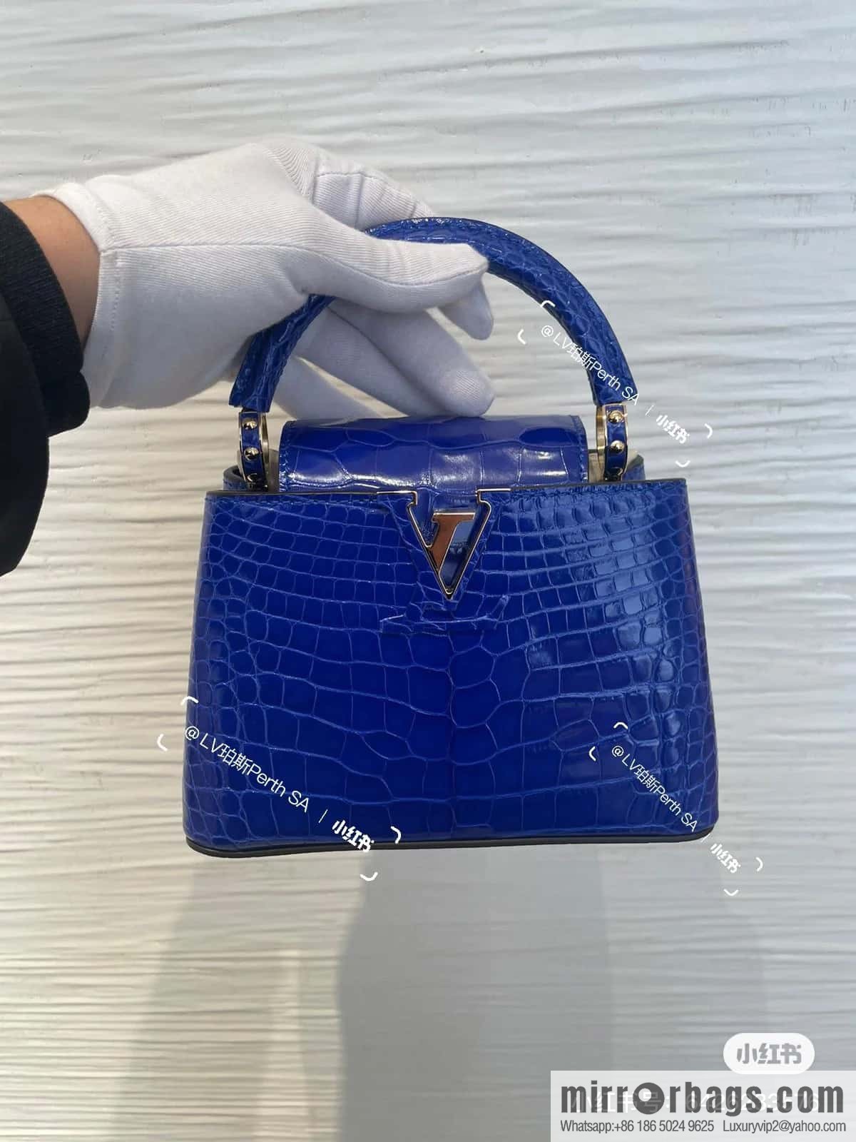 [Original order boutique] M48865 blue, crocodile pattern full leather cap that English series Capucines mini handbag
