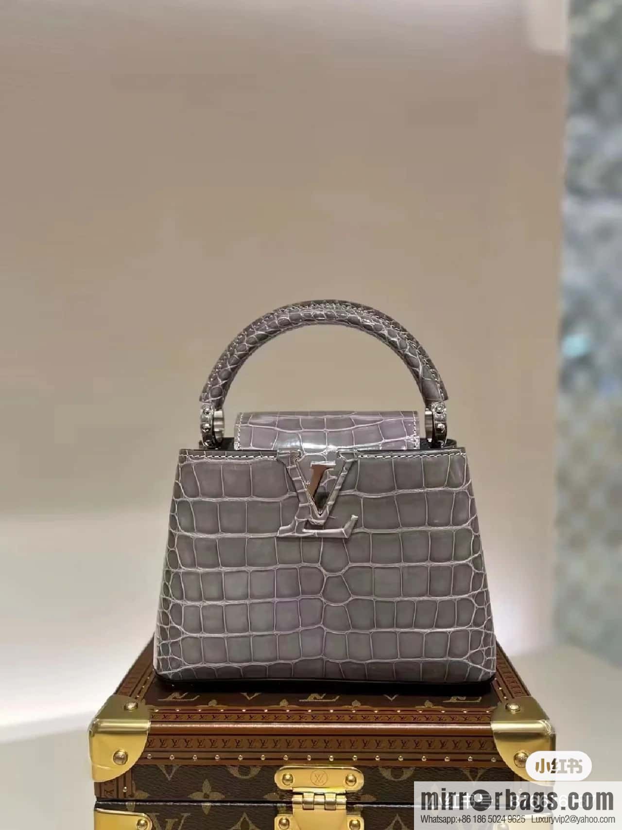 [Original order boutique] M48865 gray, crocodile pattern full leather cap that English series Capucines mini handbag