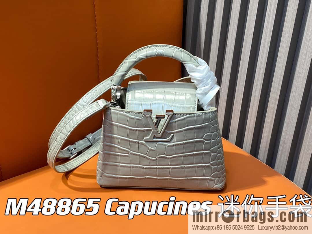[Original order boutique] M48865 gray, crocodile pattern full leather cap that English series Capucines mini handbag