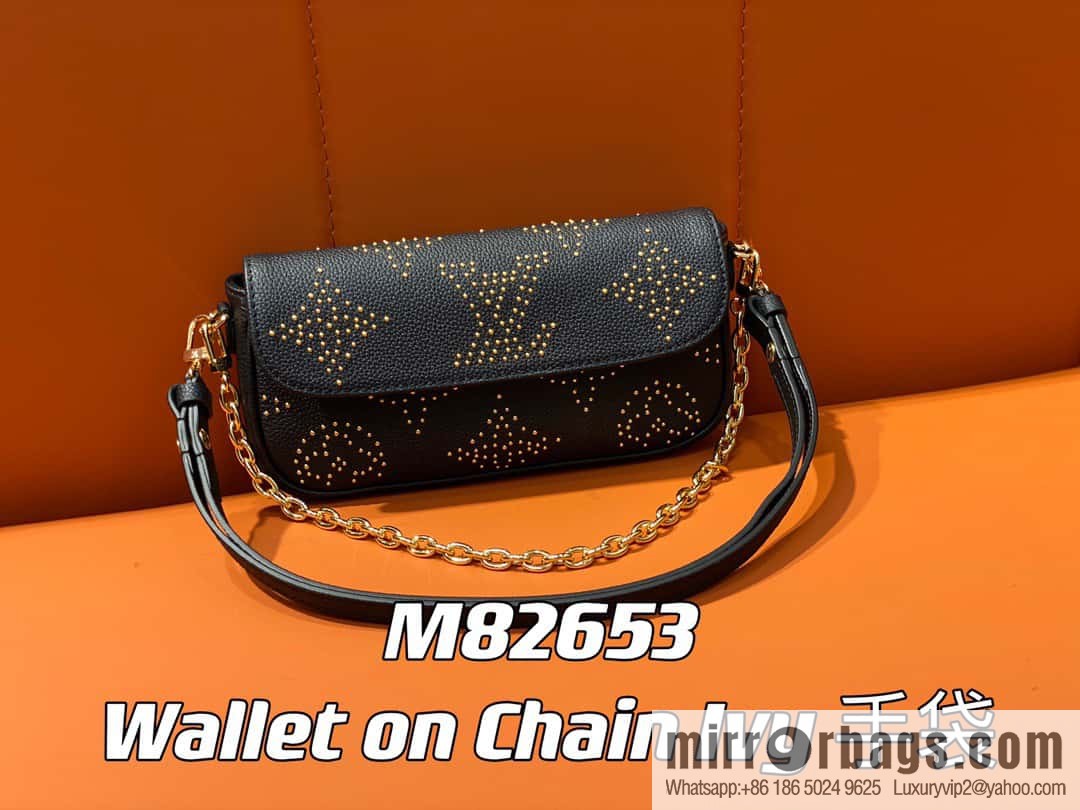 [Original single boutique] M82653 black full leather willow nail chain bag series Wallet on Chain Ivy handbag