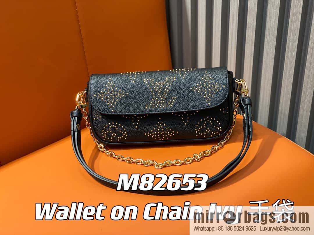 [Original single boutique] M82653 black full leather willow nail chain bag series Wallet on Chain Ivy handbag