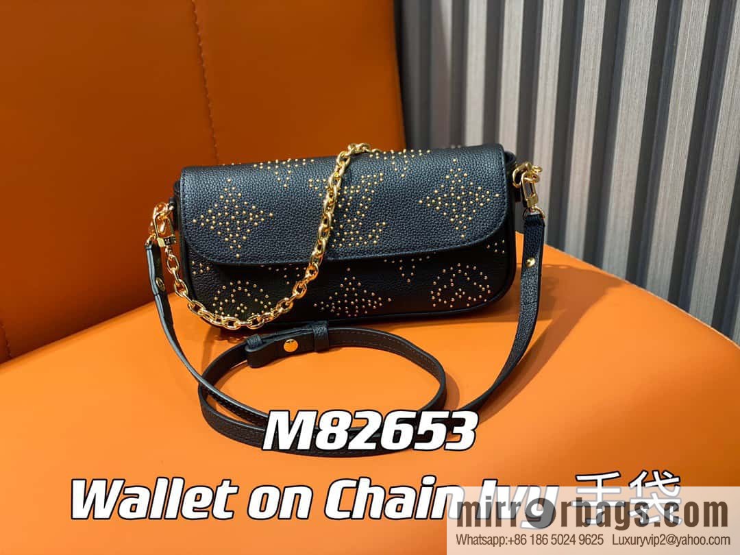 [Original single boutique] M82653 black full leather willow nail chain bag series Wallet on Chain Ivy handbag