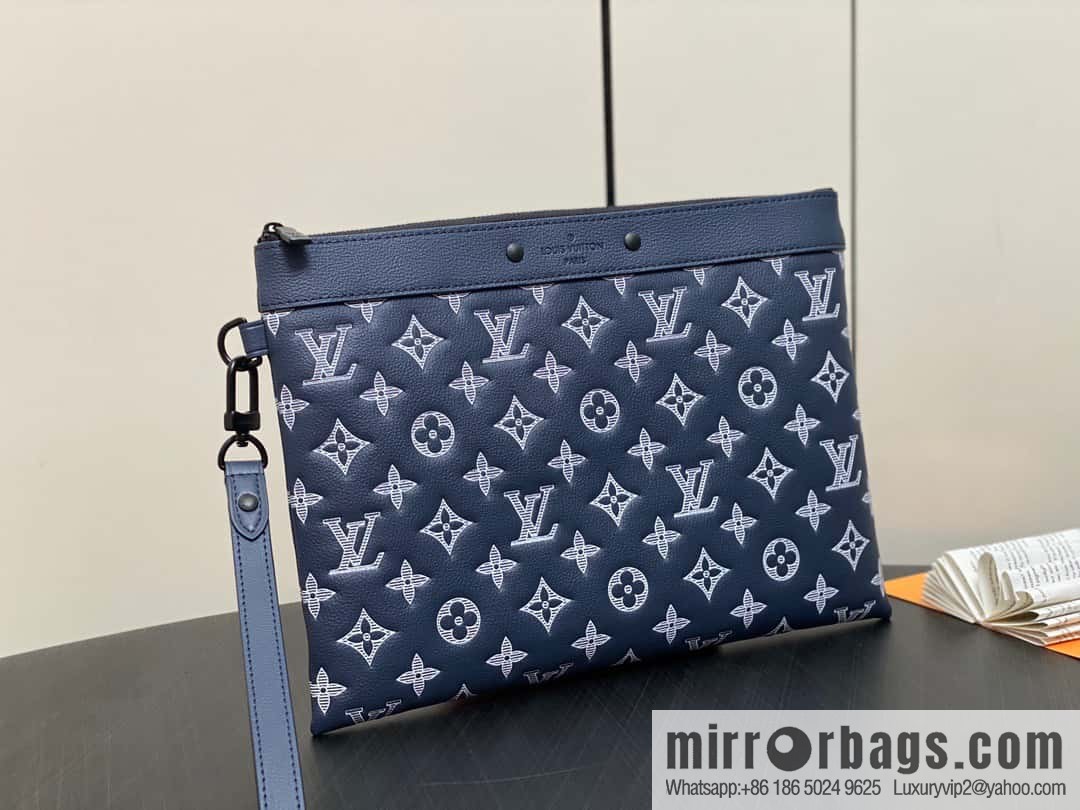 [Original single boutique] M83382 blue silk screen, full leather clutch bag series