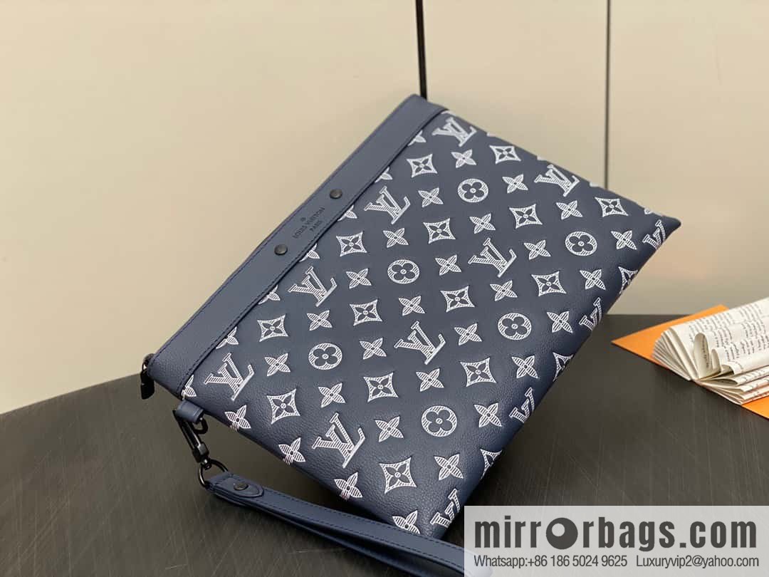 [Original single boutique] M83382 blue silk screen, full leather clutch bag series
