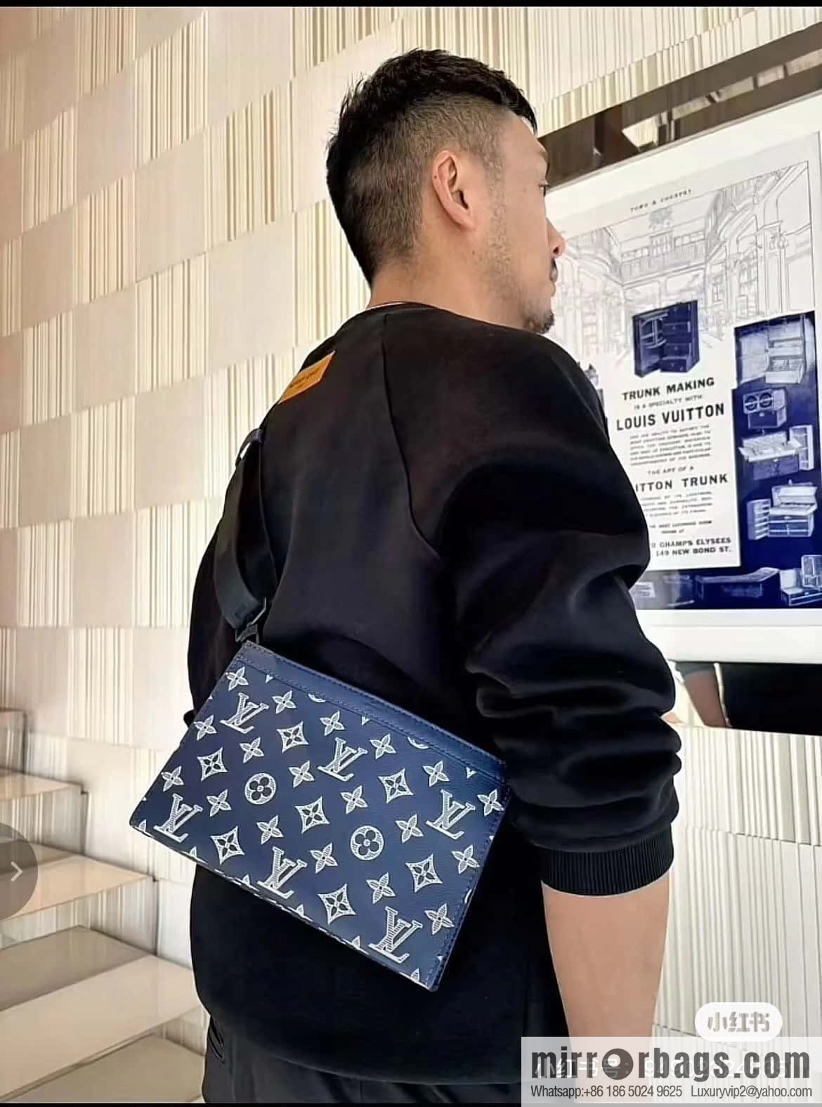 [Original order boutique] M83384 blue silk screen, full leather men's bag two-piece series GASTON mini handbag