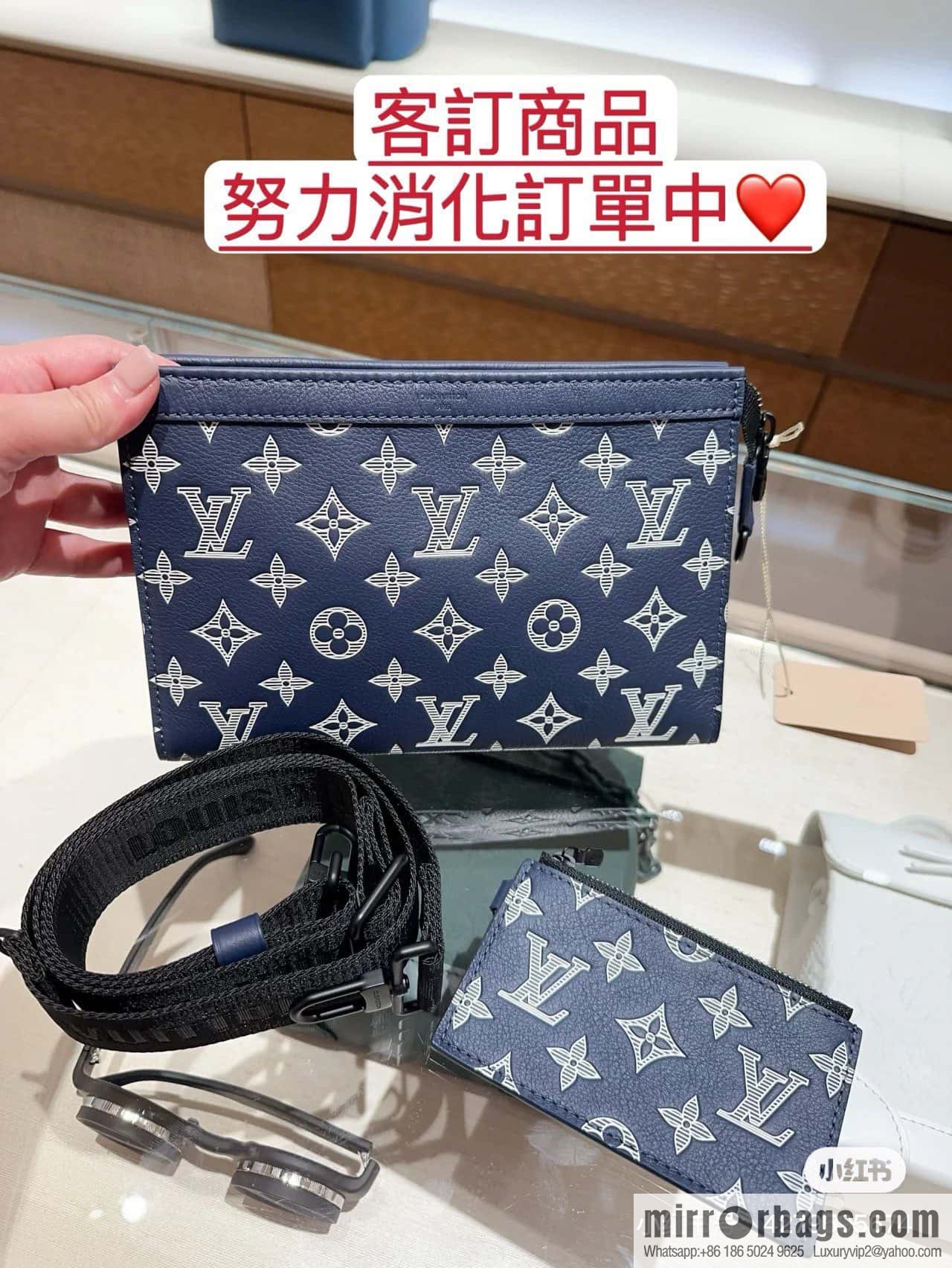 [Original order boutique] M83384 blue silk screen, full leather men's bag two-piece series GASTON mini handbag