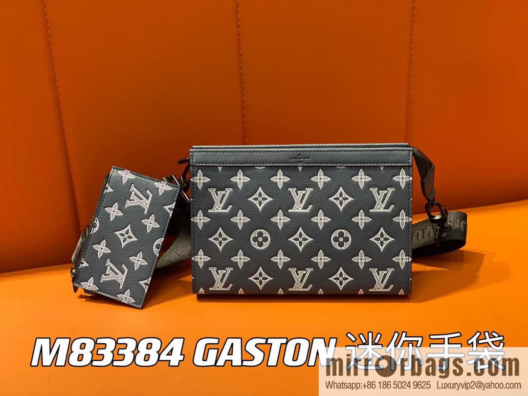 [Original order boutique] M83384 blue silk screen, full leather men's bag two-piece series GASTON mini handbag