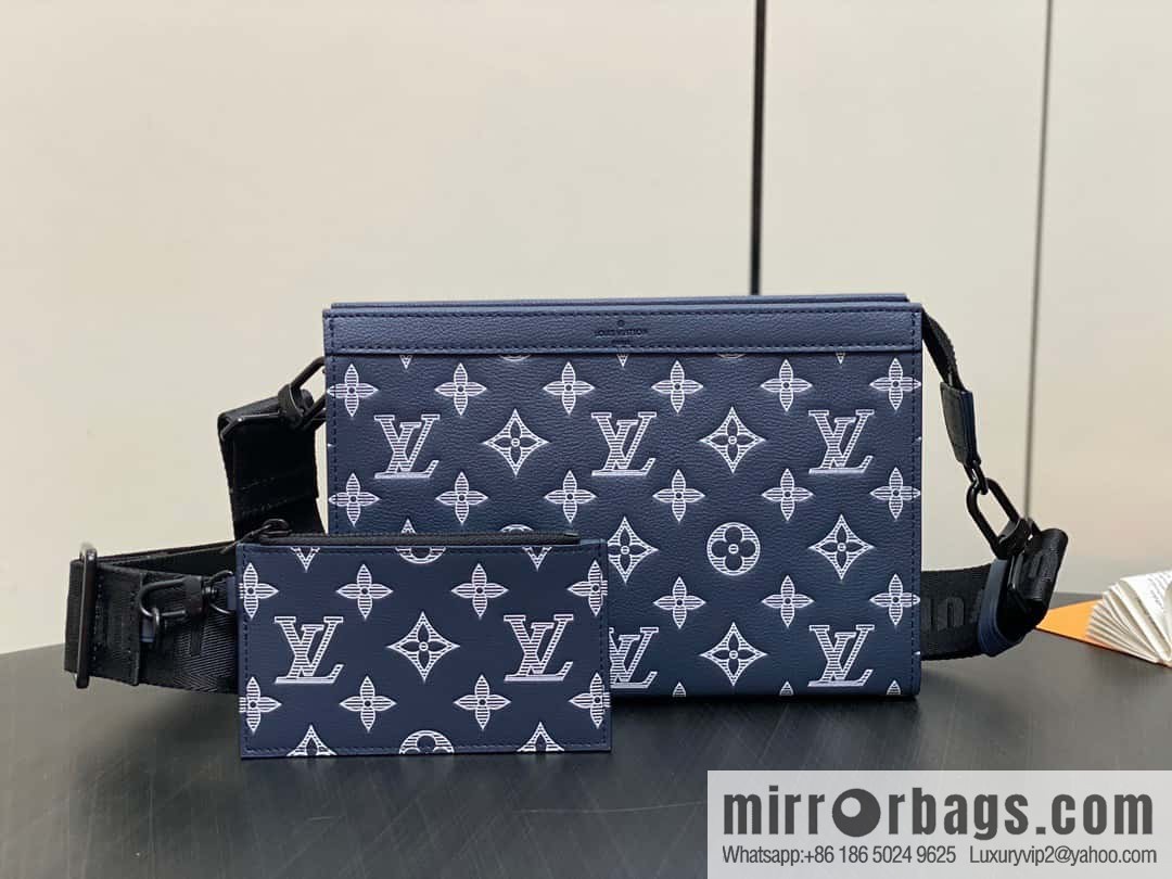 [Original order boutique] M83384 blue silk screen, full leather men's bag two-piece series GASTON mini handbag