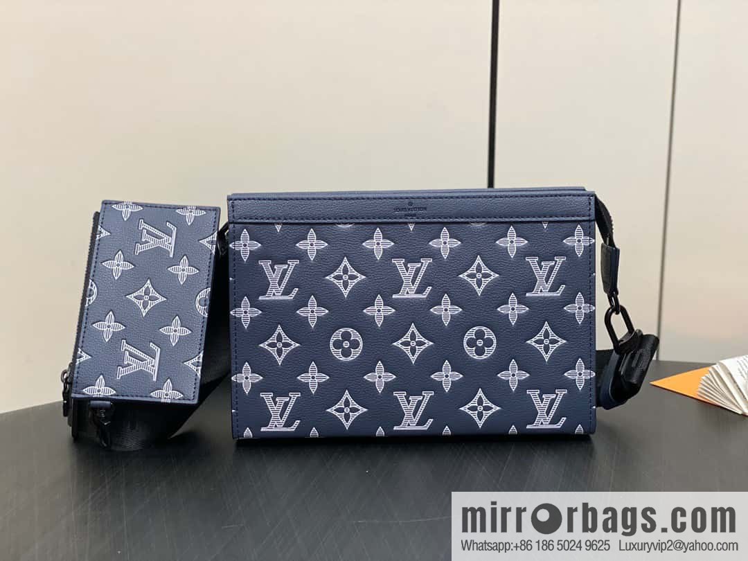 [Original order boutique] M83384 blue silk screen, full leather men's bag two-piece series GASTON mini handbag