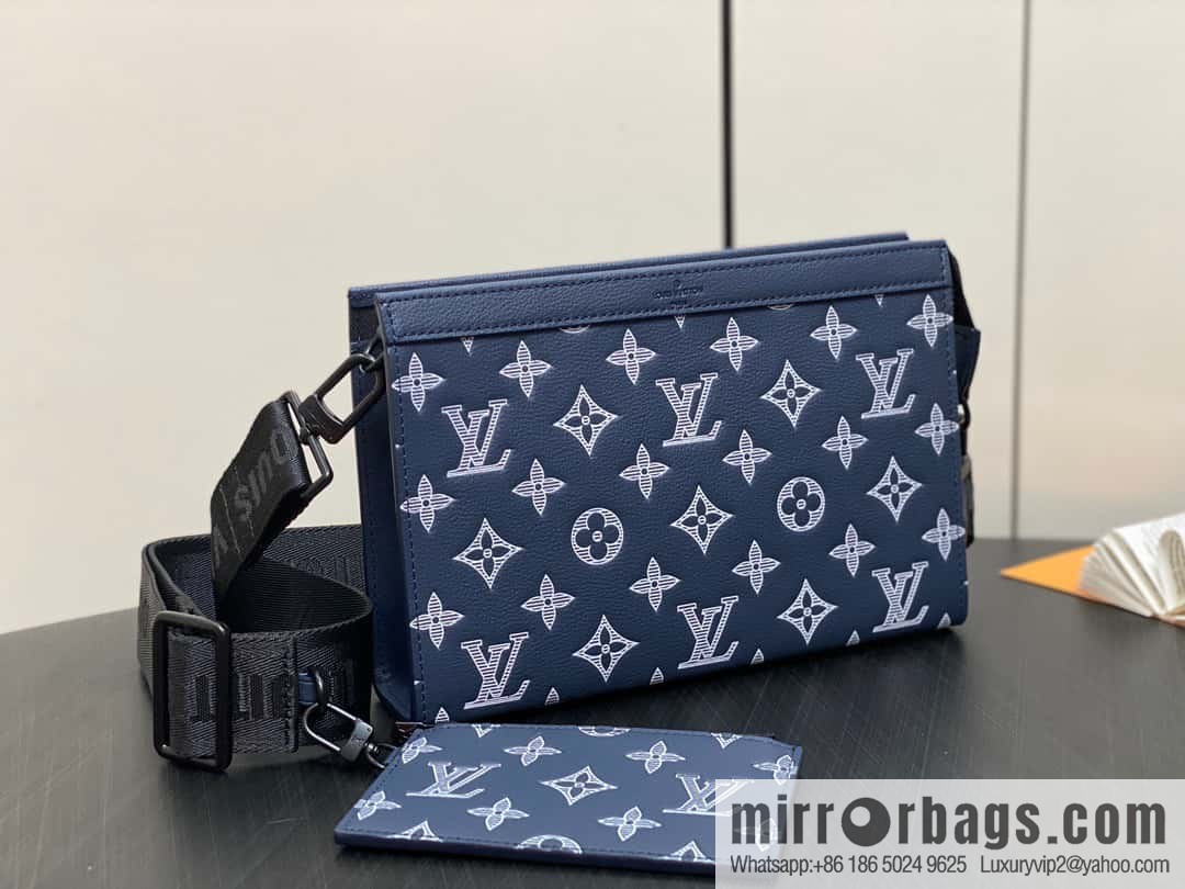 [Original order boutique] M83384 blue silk screen, full leather men's bag two-piece series GASTON mini handbag