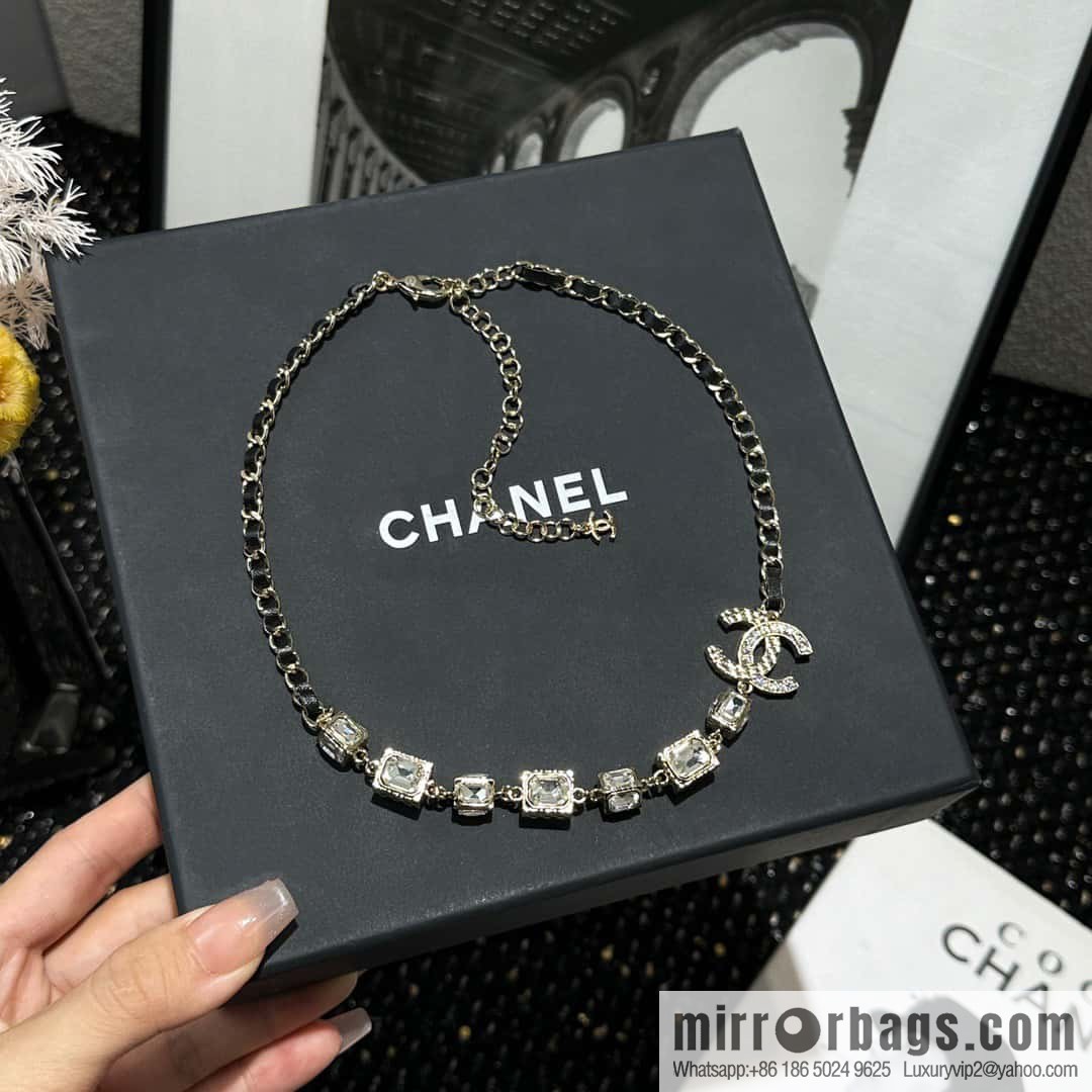 ☀️New ☑️ Chanel Double C Square Diamond Black Leather Rope Necklace ☀️