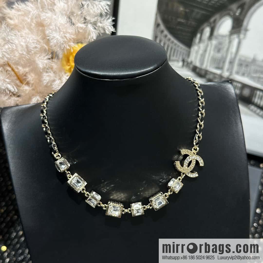 ☀️New ☑️ Chanel Double C Square Diamond Black Leather Rope Necklace ☀️