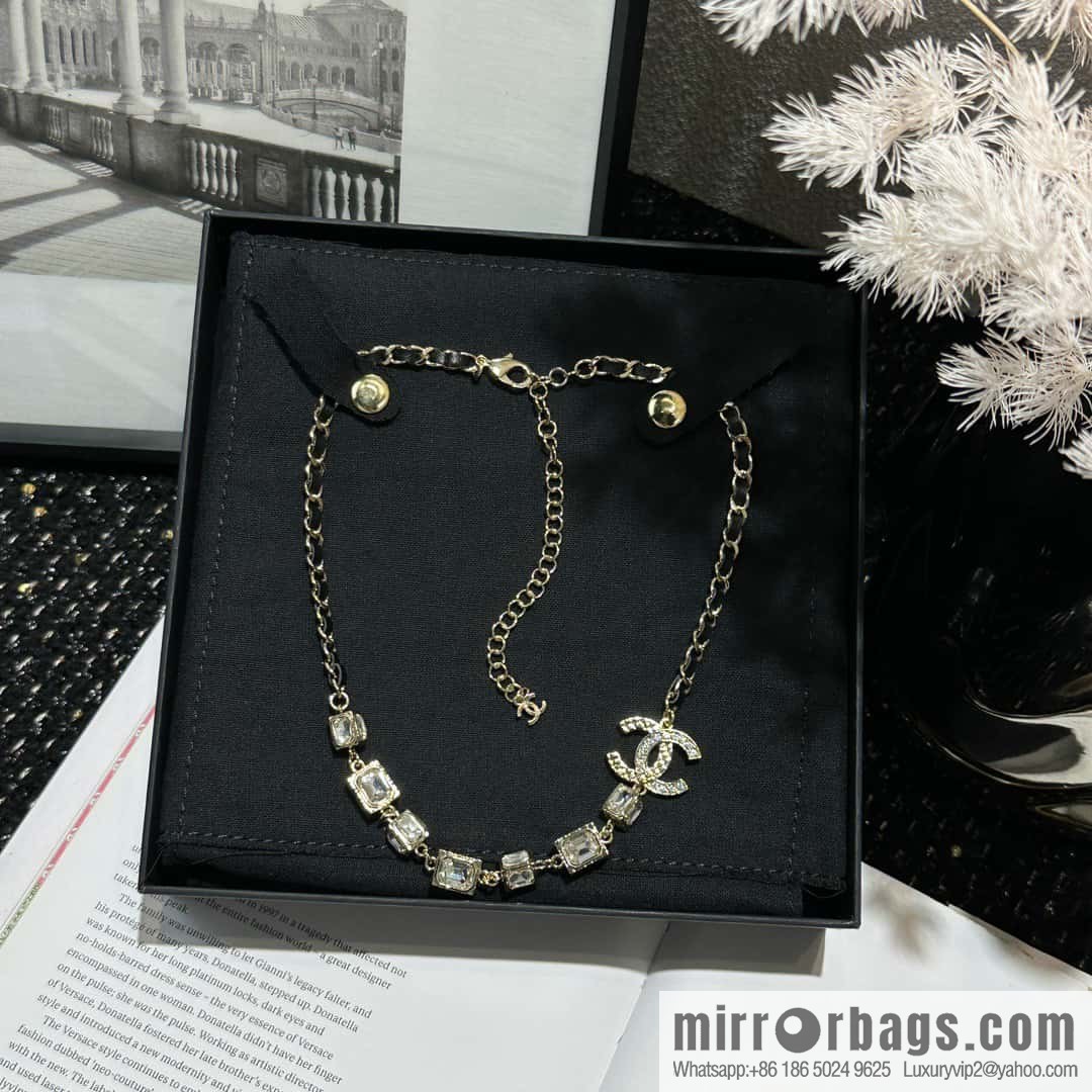 ☀️New ☑️ Chanel Double C Square Diamond Black Leather Rope Necklace ☀️