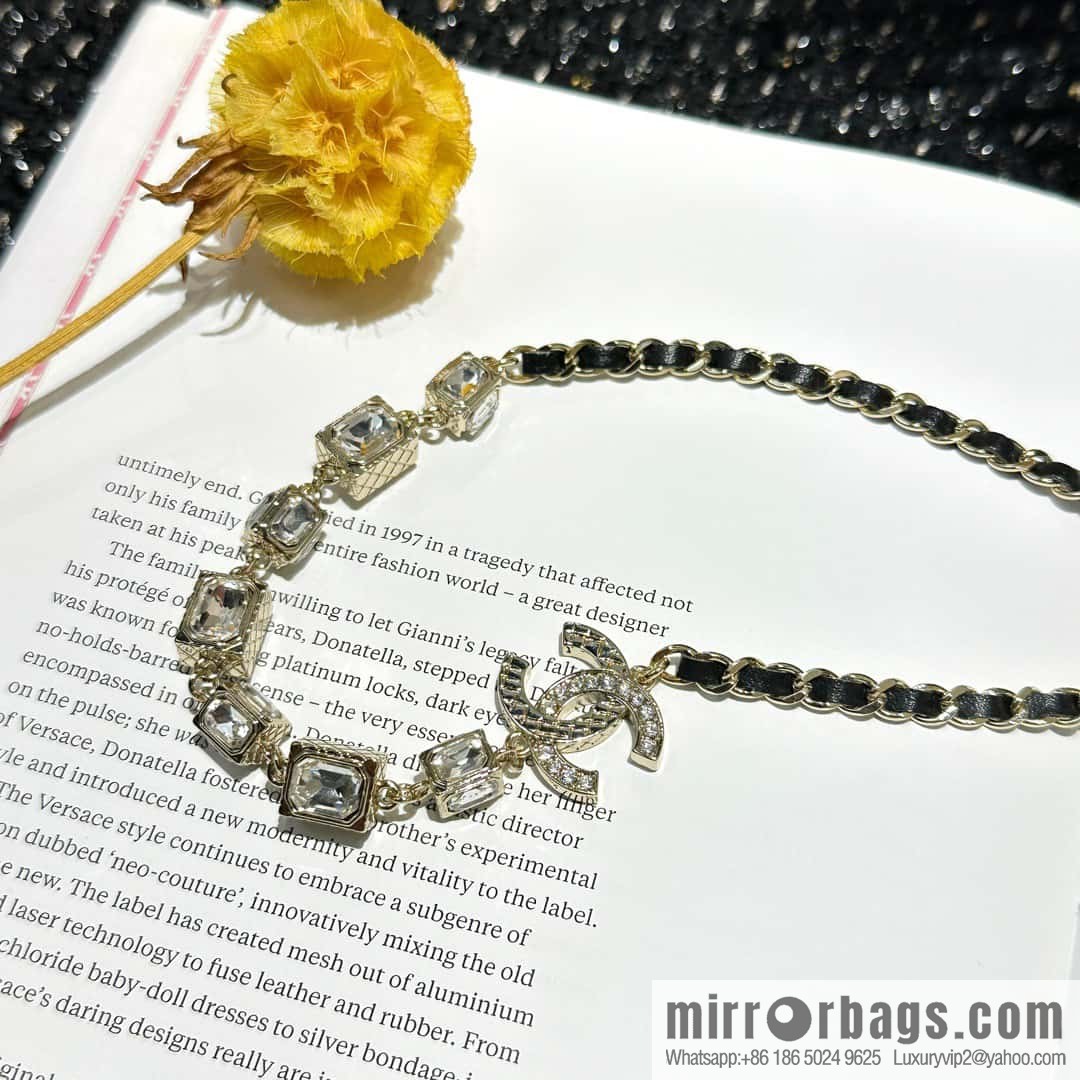 ☀️New ☑️ Chanel Double C Square Diamond Black Leather Rope Necklace ☀️