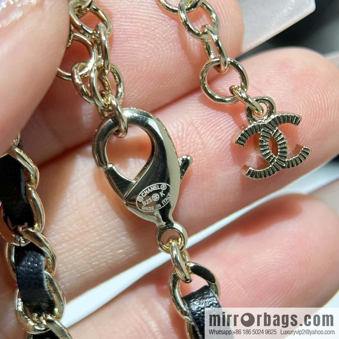☀️New ☑️ Chanel Double C Square Diamond Black Leather Rope Necklace ☀️