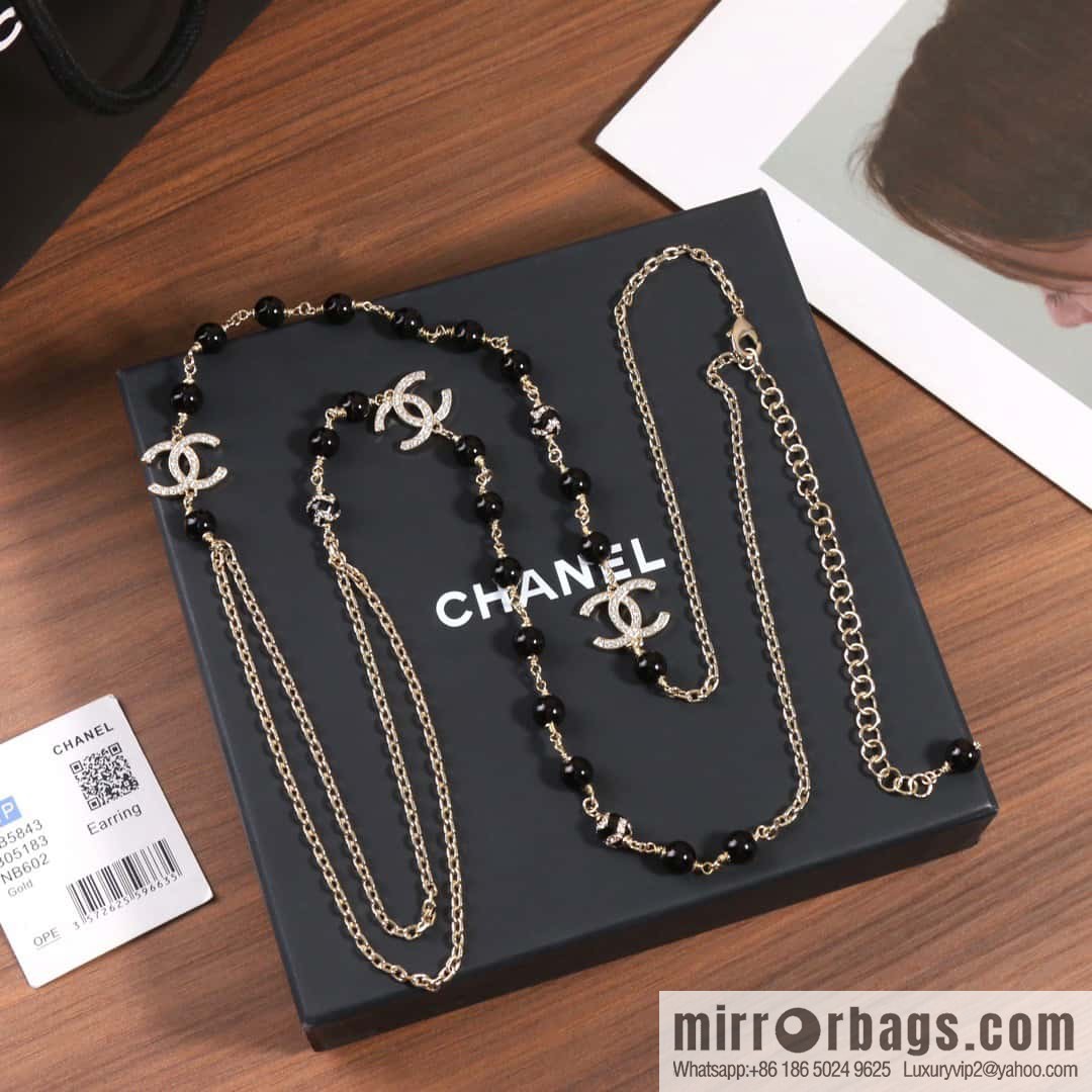 ☀️New ☑️ Chanel Double C Black Pearl Double Sweater Chain Necklace ☀️