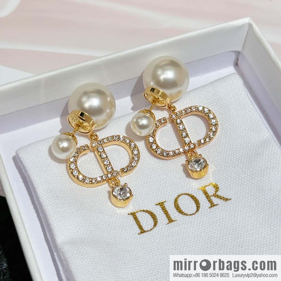 New ☑️ DIOR Dior full diamond CD size pearl earrings stud earrings