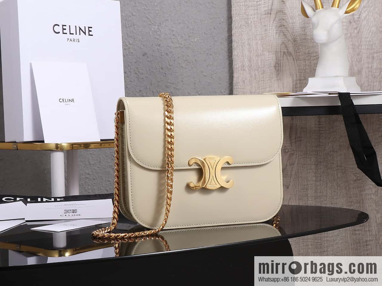 [Premium quality, all-steel hardware] CELINE 23s autumn and winter new products | COLLEGE TRIOMPHE bright cow leather (fabric) chain strap handbag number: 113583 Arc de Triomphe autumn new