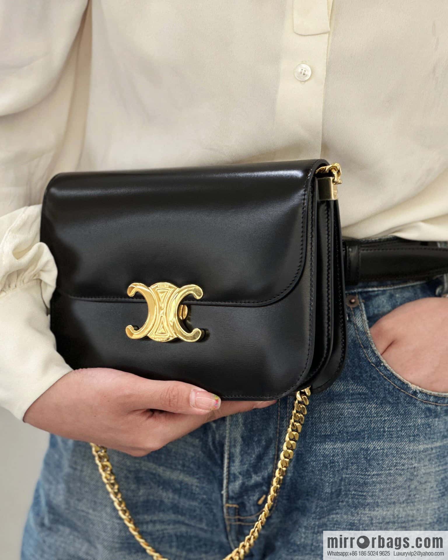 [Premium quality, all-steel hardware] CELINE 23s autumn and winter new products | COLLEGE TRIOMPHE bright cow leather (fabric) chain strap handbag number: 113583 Arc de Triomphe autumn new