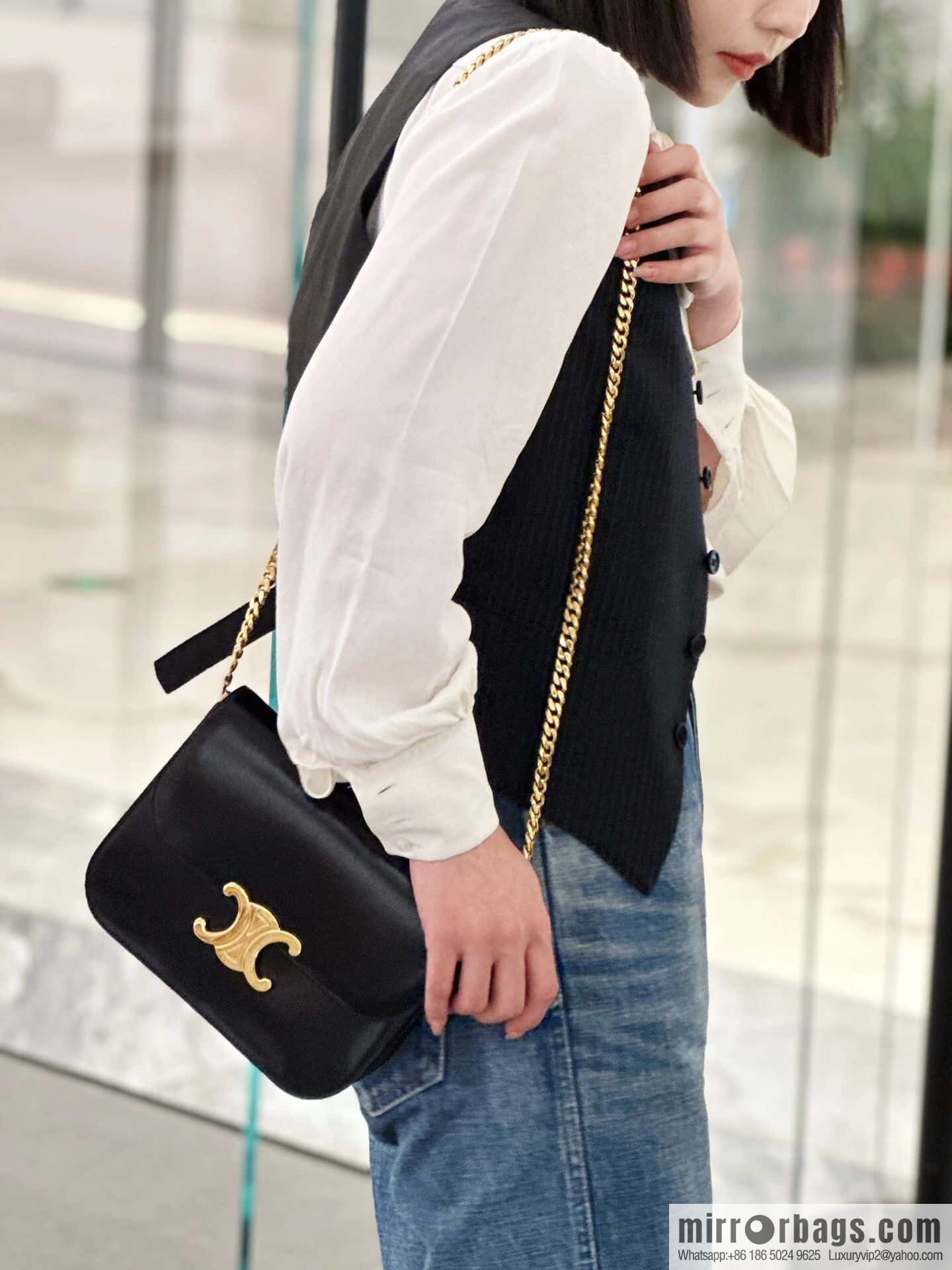 [Premium quality, all-steel hardware] CELINE 23s autumn and winter new products | COLLEGE TRIOMPHE bright cow leather (fabric) chain strap handbag number: 113583 Arc de Triomphe autumn new