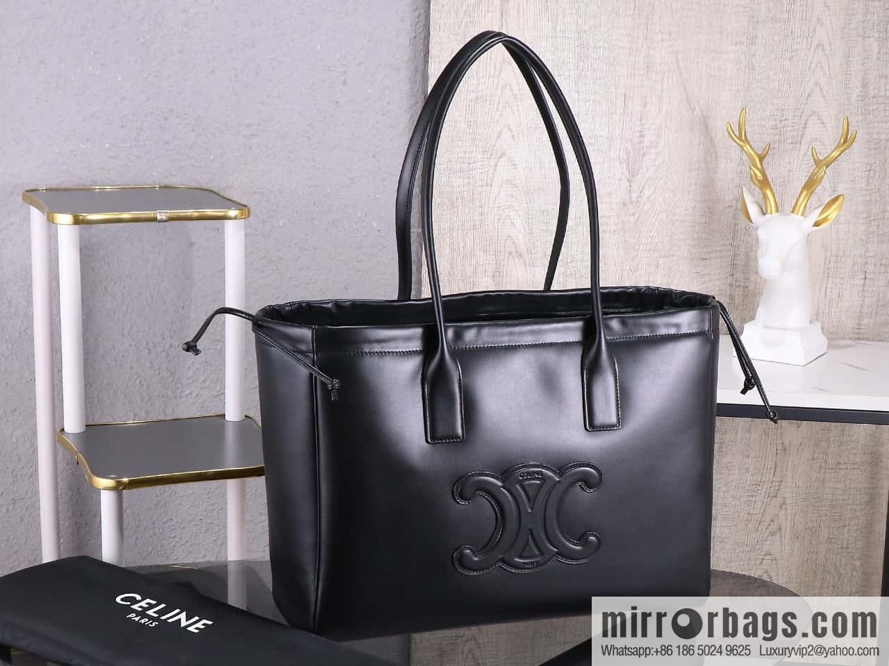 [Premium quality, original leather] CELINE | CABAS TRIOMPHE smooth cow leather (fabric) drawstring bag, new French leather Arc de Triomphe drawstring tote bag, number: 199973DU3.04LU