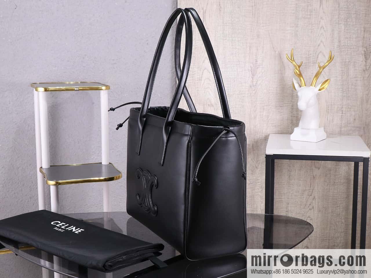 [Premium quality, original leather] CELINE | CABAS TRIOMPHE smooth cow leather (fabric) drawstring bag, new French leather Arc de Triomphe drawstring tote bag, number: 199973DU3.04LU