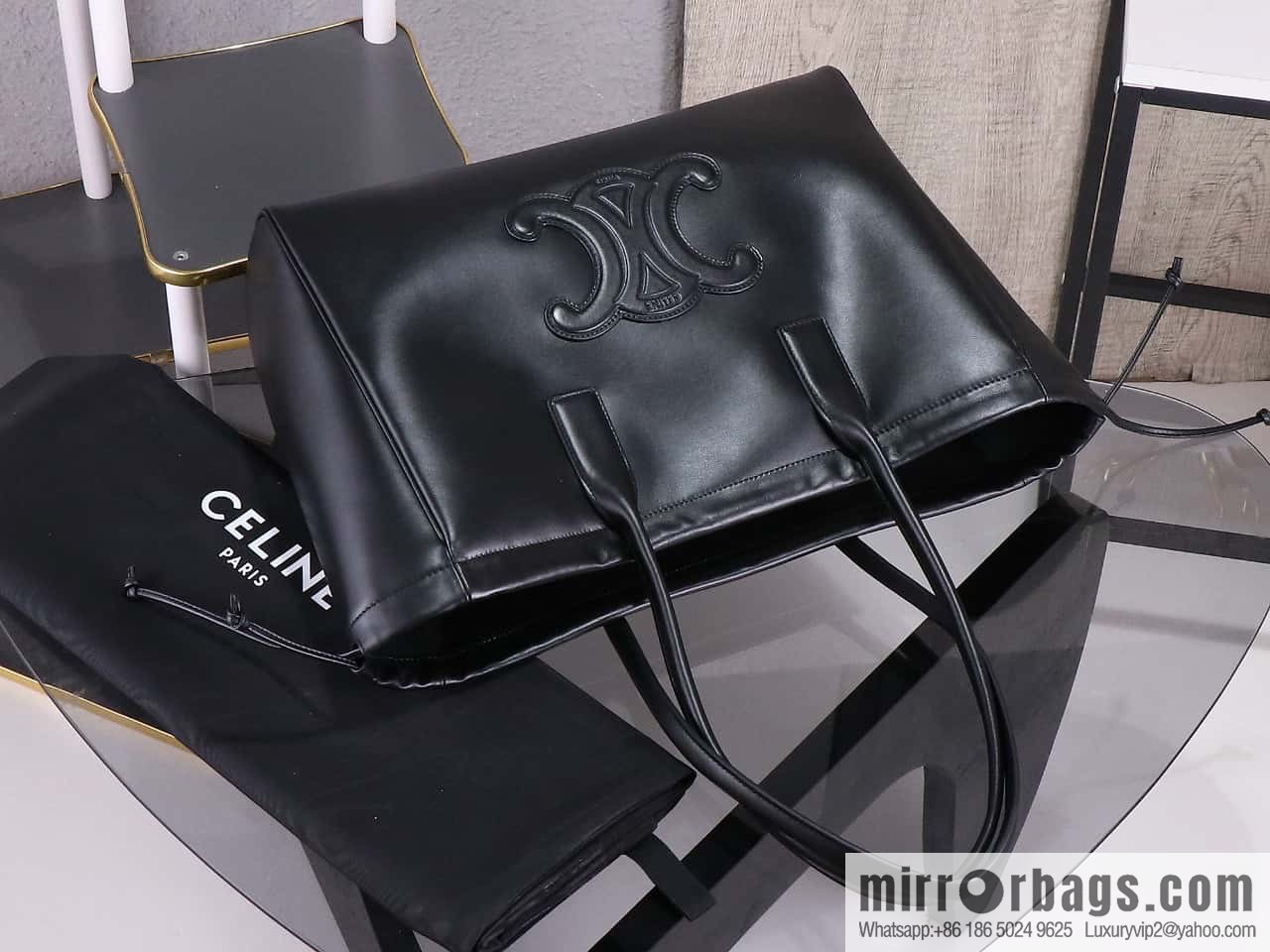 [Premium quality, original leather] CELINE | CABAS TRIOMPHE smooth cow leather (fabric) drawstring bag, new French leather Arc de Triomphe drawstring tote bag, number: 199973DU3.04LU
