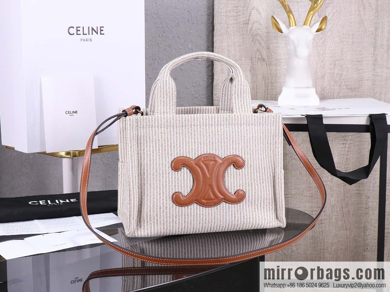 Premium quality, original leather CELIN-E 23s summer | CABAS THAIS small jacquard striped fabric cow leather (fabric) handbag Model: 199162