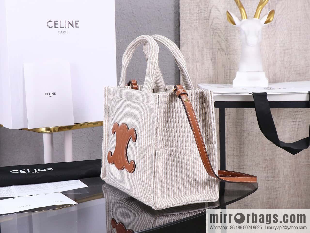 Premium quality, original leather CELIN-E 23s summer | CABAS THAIS small jacquard striped fabric cow leather (fabric) handbag Model: 199162
