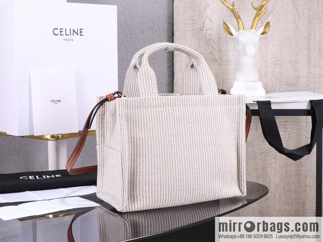 Premium quality, original leather CELIN-E 23s summer | CABAS THAIS small jacquard striped fabric cow leather (fabric) handbag Model: 199162