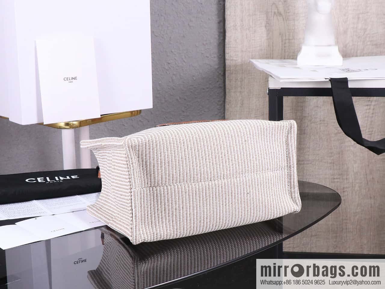 Premium quality, original leather CELIN-E 23s summer | CABAS THAIS small jacquard striped fabric cow leather (fabric) handbag Model: 199162