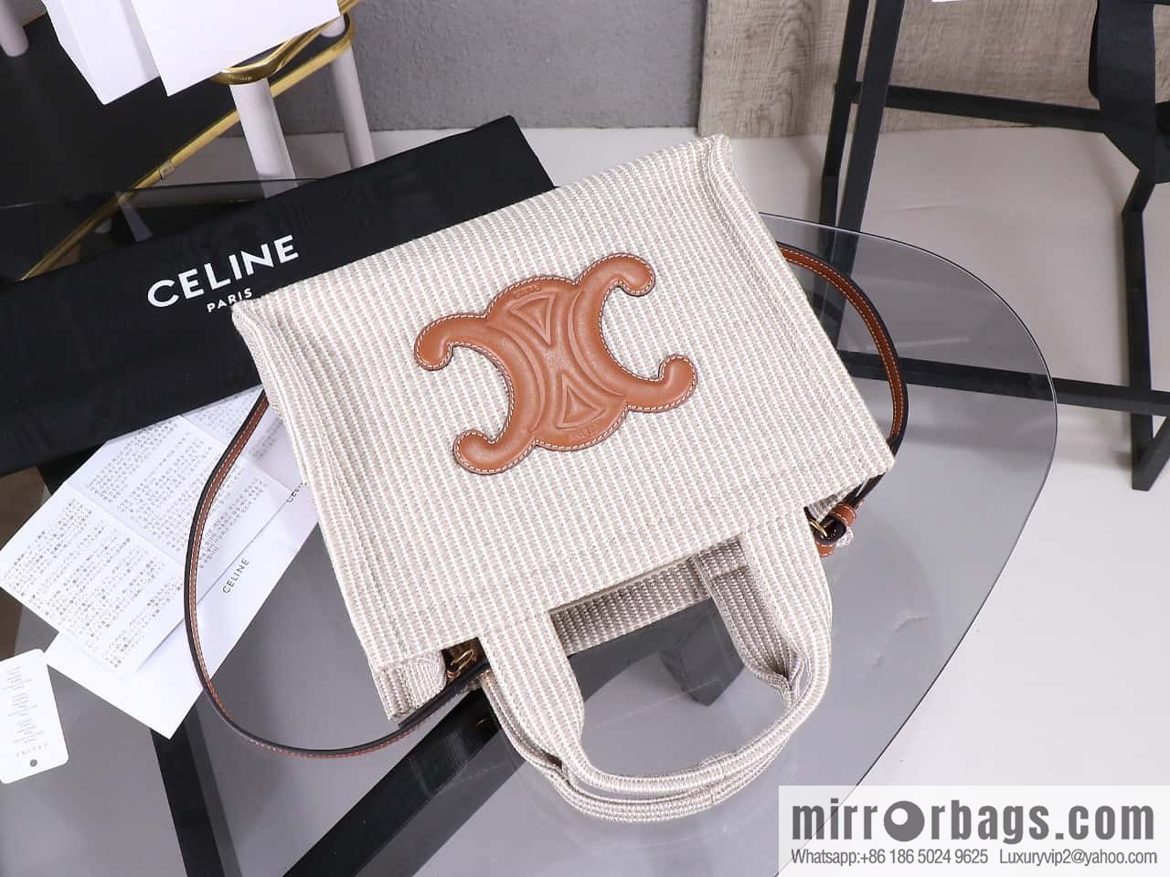 Premium quality, original leather CELIN-E 23s summer | CABAS THAIS small jacquard striped fabric cow leather (fabric) handbag Model: 199162