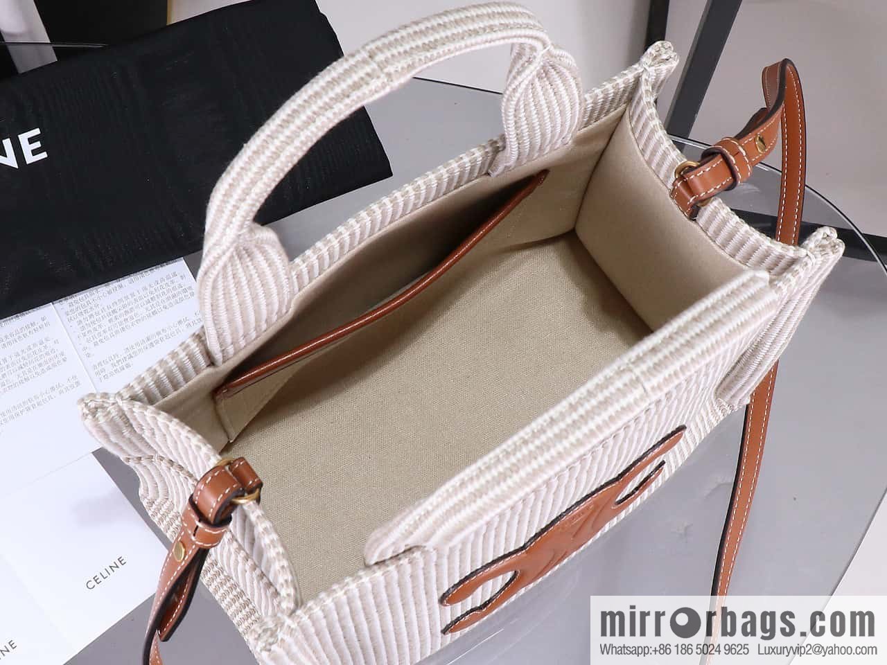 Premium quality, original leather CELIN-E 23s summer | CABAS THAIS small jacquard striped fabric cow leather (fabric) handbag Model: 199162