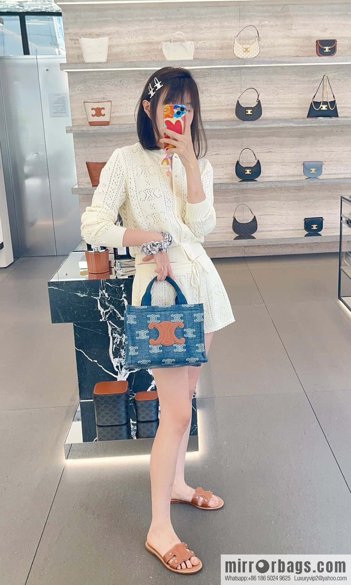 [Premium quality, original leather] CELIN-E 23s summer | CABAS THAIS denim embroidery fabric cow leather (fabric) handbag, model: 199162