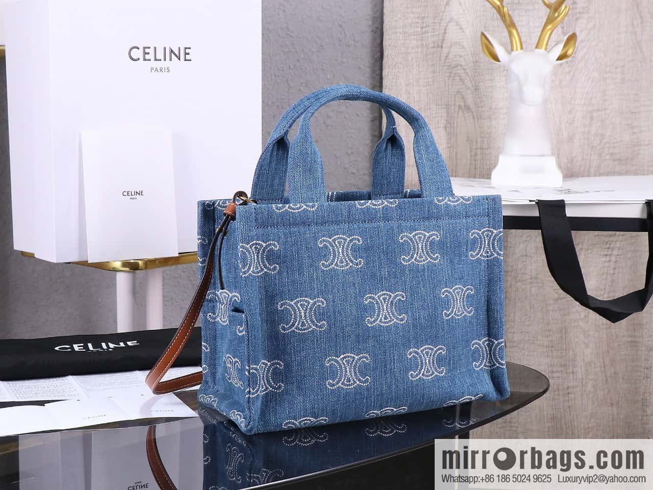[Premium quality, original leather] CELIN-E 23s summer | CABAS THAIS denim embroidery fabric cow leather (fabric) handbag, model: 199162