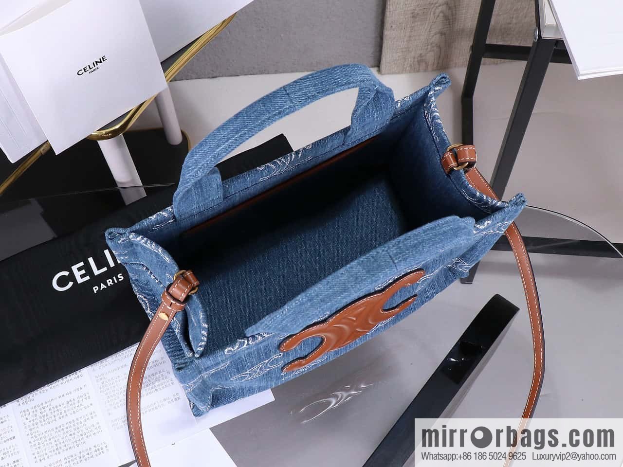 [Premium quality, original leather] CELIN-E 23s summer | CABAS THAIS denim embroidery fabric cow leather (fabric) handbag, model: 199162