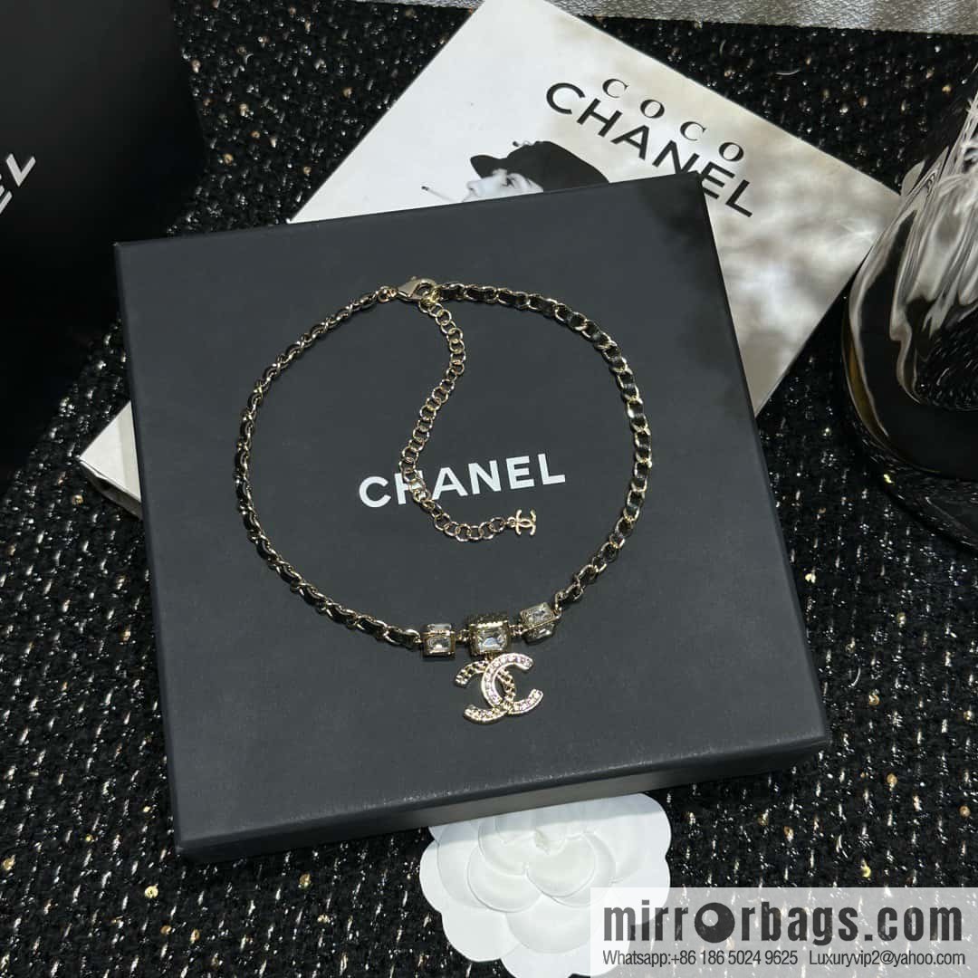 ☀️New ☑️ Chanel Double C Square Diamond Black Leather Rope Necklace