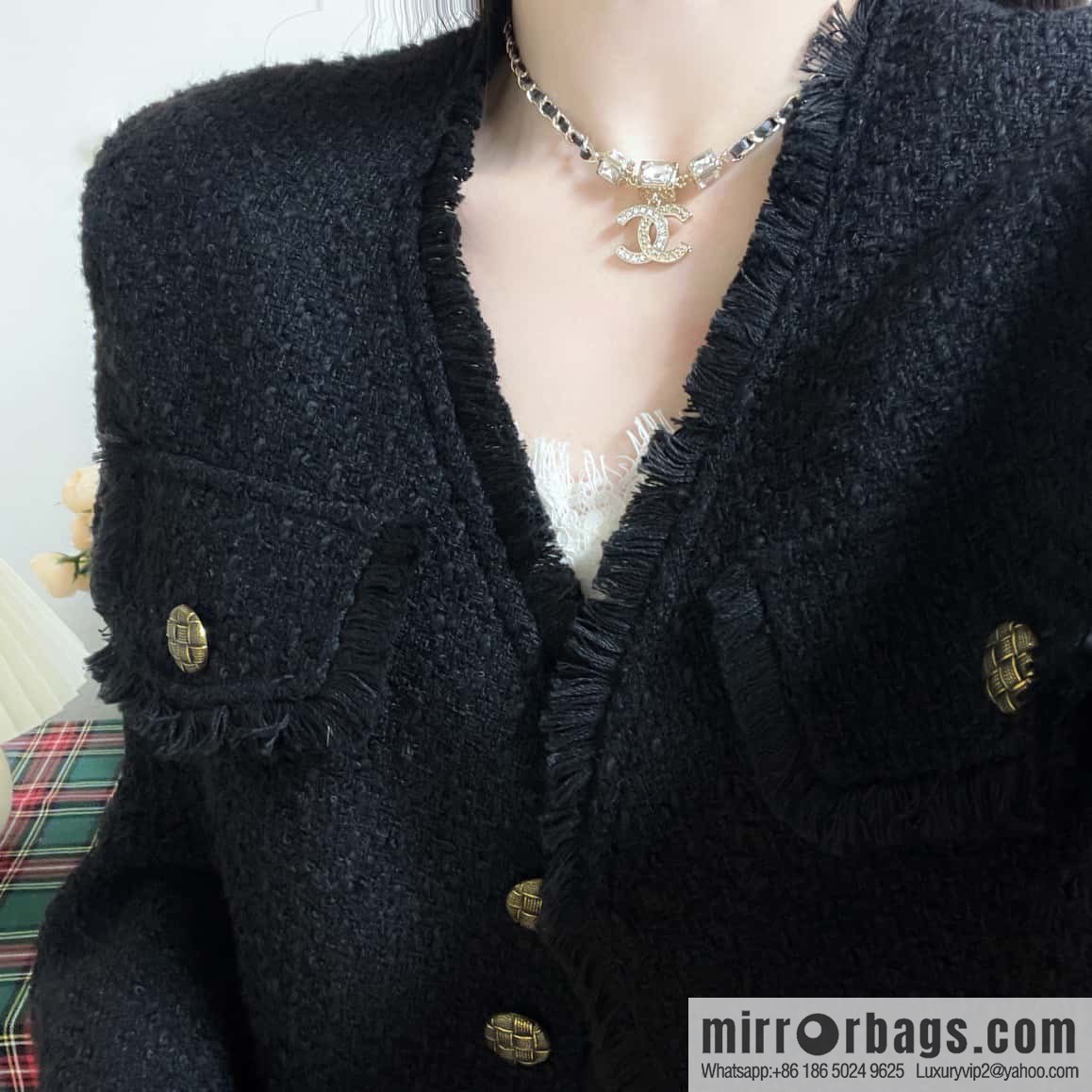 ☀️New ☑️ Chanel Double C Square Diamond Black Leather Rope Necklace
