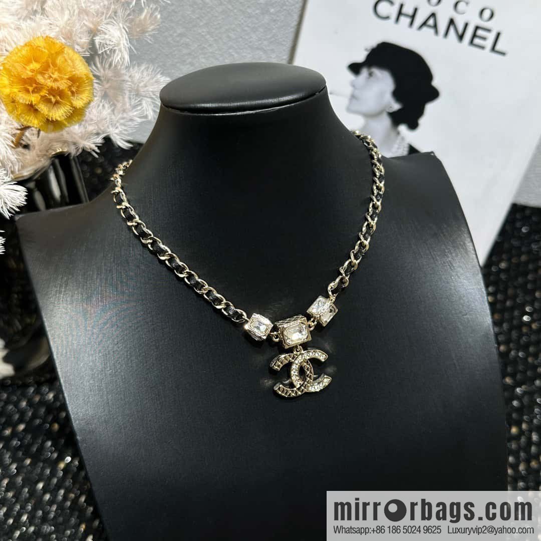 ☀️New ☑️ Chanel Double C Square Diamond Black Leather Rope Necklace
