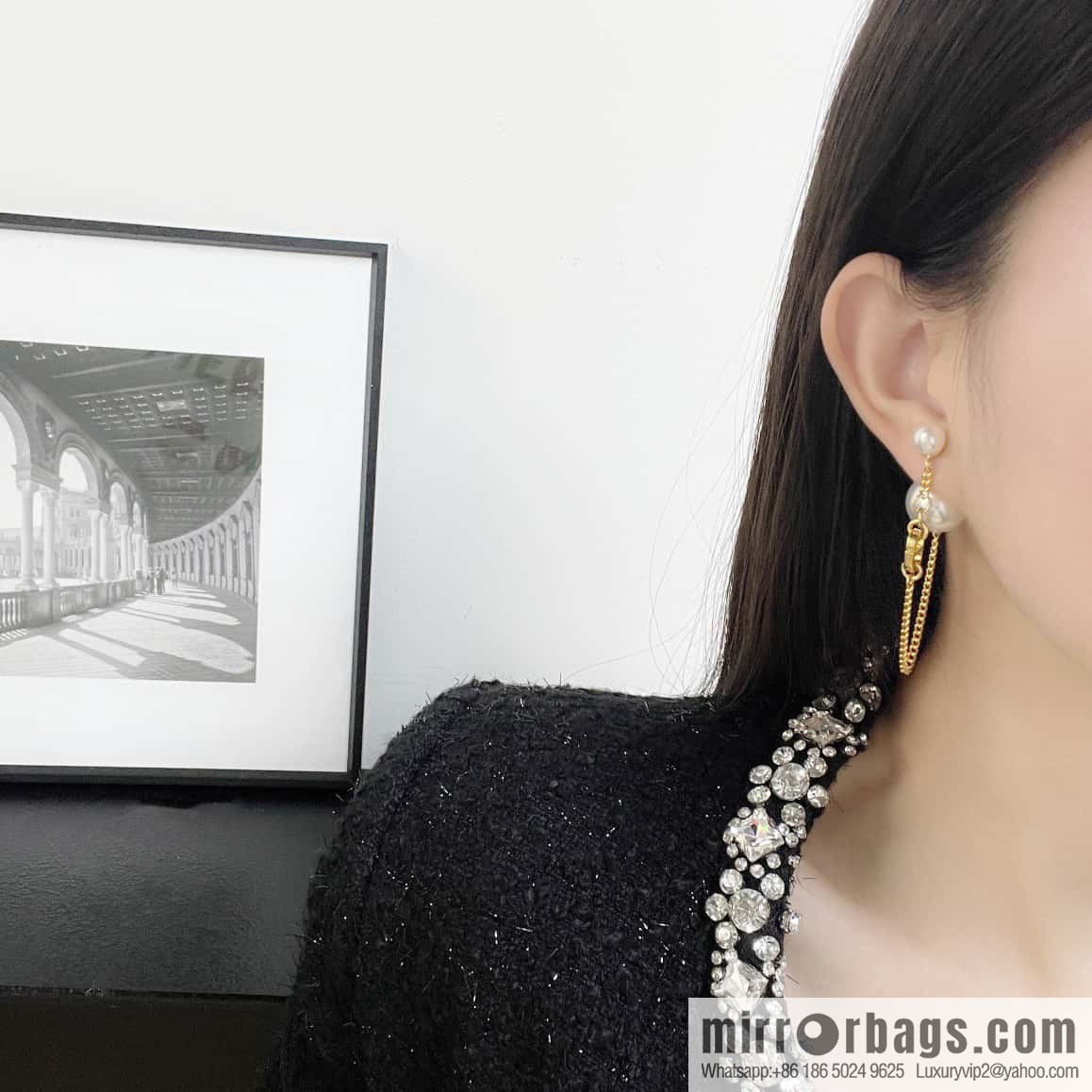 New ☑️ DIOR gold CD size pearl tassel stud earrings