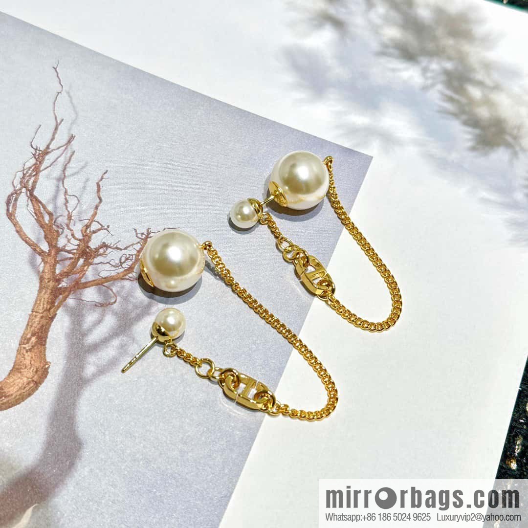 New ☑️ DIOR gold CD size pearl tassel stud earrings